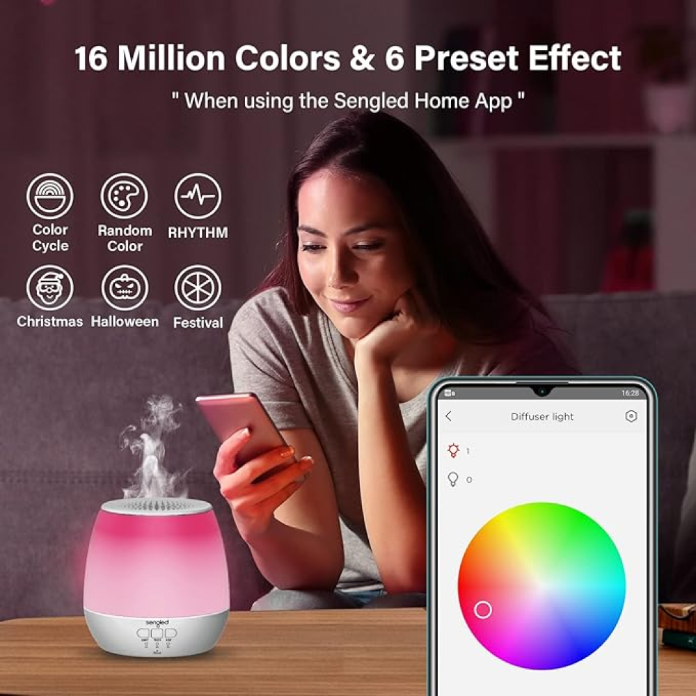 Versatile Usage: Enhance the ambiance of various small rooms such as bedrooms, bathrooms, living rooms, offices, nurseries, spas, and yoga studios with the Sengled Wi-Fi Essential Oil Diffuser. Experience the benefits of aromatherapy in different spaces.