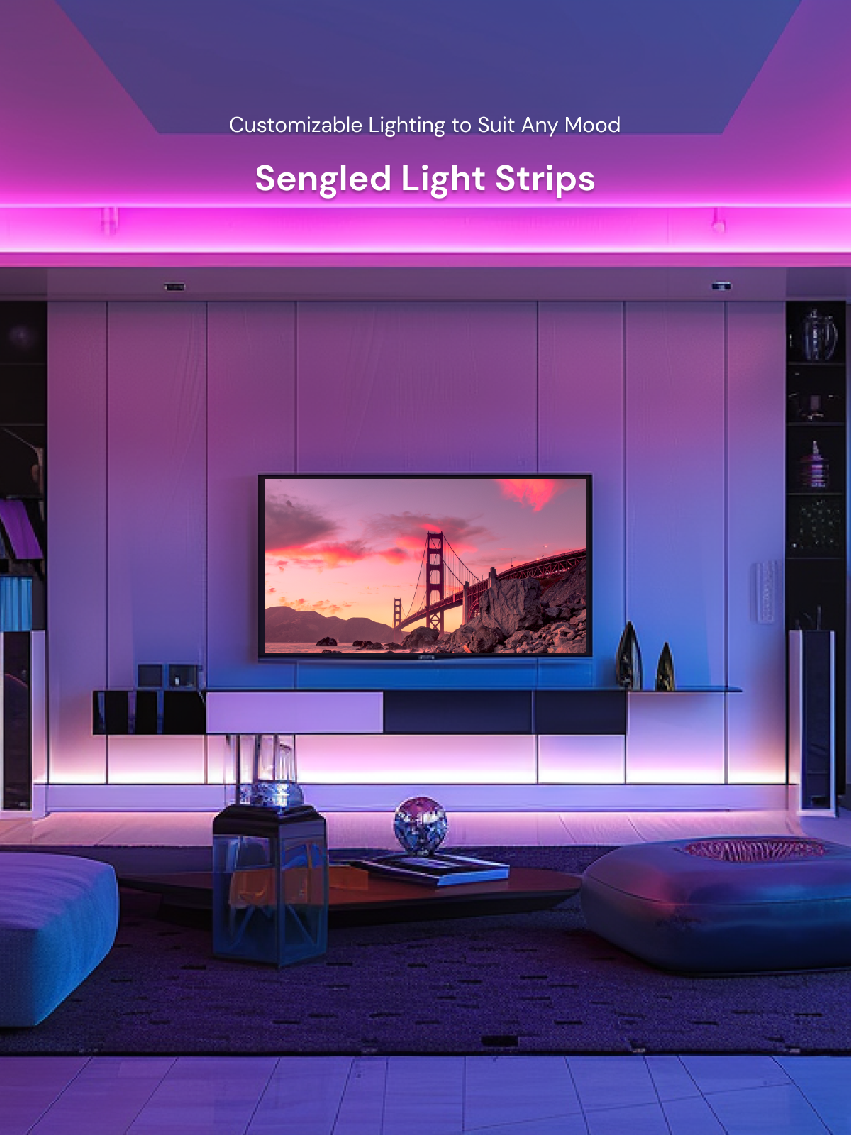 Sengled Smart LED Light Strips:  Elevate your living spaces with Sengled Smart LED Light Strips. Customize bright, vibrant lighting for TVs, bedrooms, kitchens, workshops and more. Easily integrate with Alexa, Google, and SmartThings. Sengled's high-quality LEDs provide energy-efficient, long-lasting illumination for your smart home.  Keywords: led lights for tv, sengled, bedroom wall lights, led ceiling light, kitchen ceiling lights, led shop lights