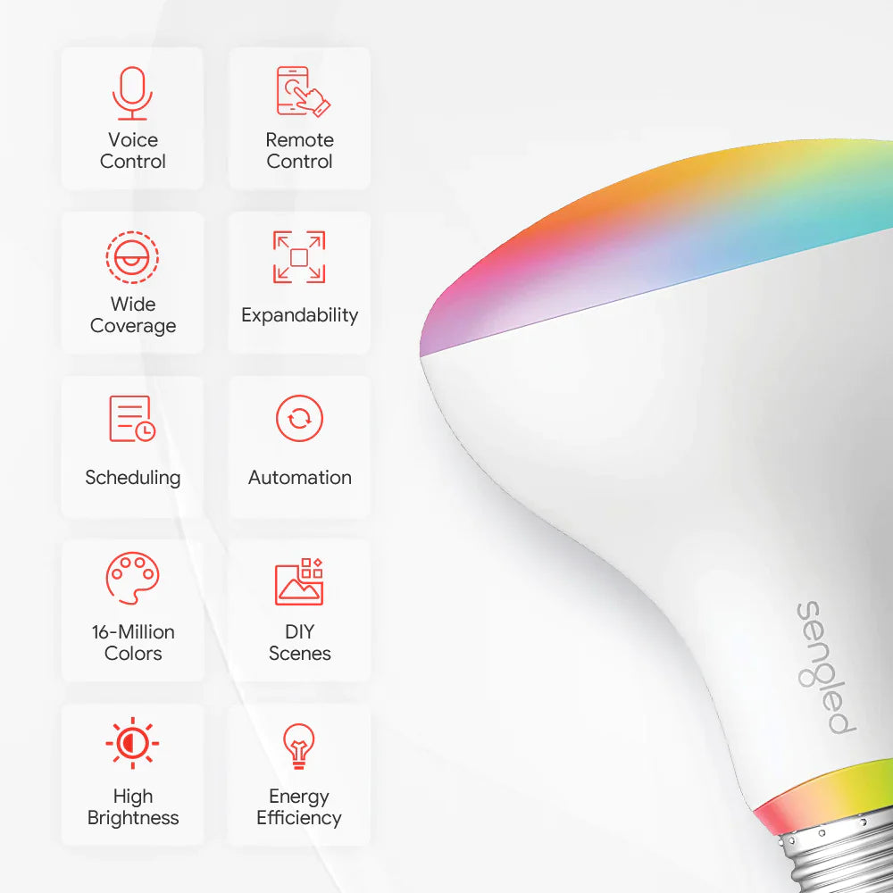 Upgrade your home with Sengled's Zigbee Color BR30/E26 bulb. Versatile for landscape, porch, kitchen, and more. Enjoy RGB color-changing capabilities and dimmable features. Elevate your space with this essential smart lighting solution.  Keywords: landscape lighting, led shop lights, porch lights, bulbs, kitchen ceiling lights, wall light, rgb lights, wall lamps, led ceiling light, reading lamp, bedroom wall lights, color changing light bulb