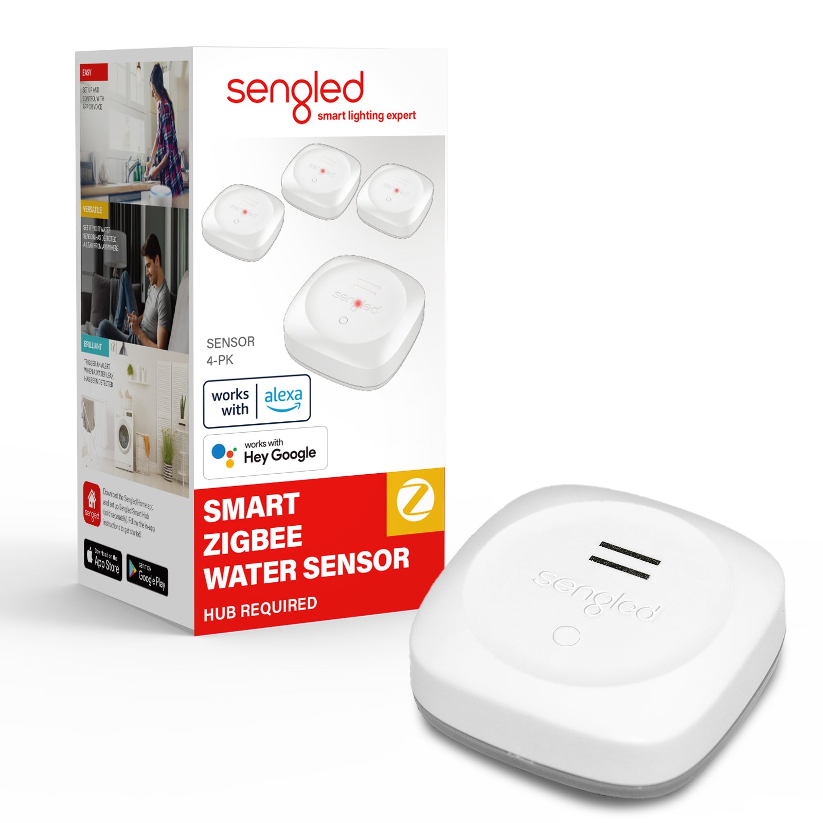 Monitor water levels and detect leaks anywhere with the Sengled Smart Water Sensor. Receive alerts via the app and control Zigbee-enabled devices. Easy installation, compatible with smart hubs, and no hub required. Stay informed and secure your home from water damage. 